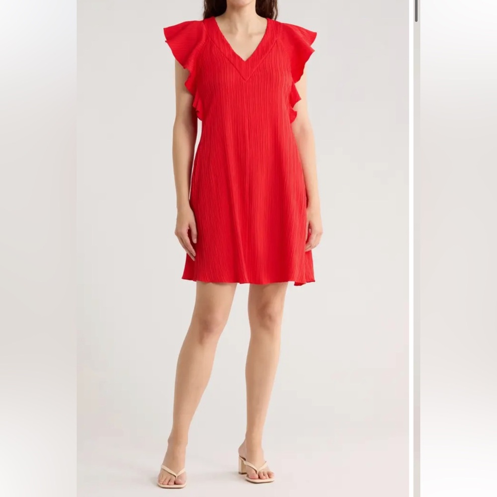 Sandra Darren Red Asymmetrical Dress with Flutter Sleeves